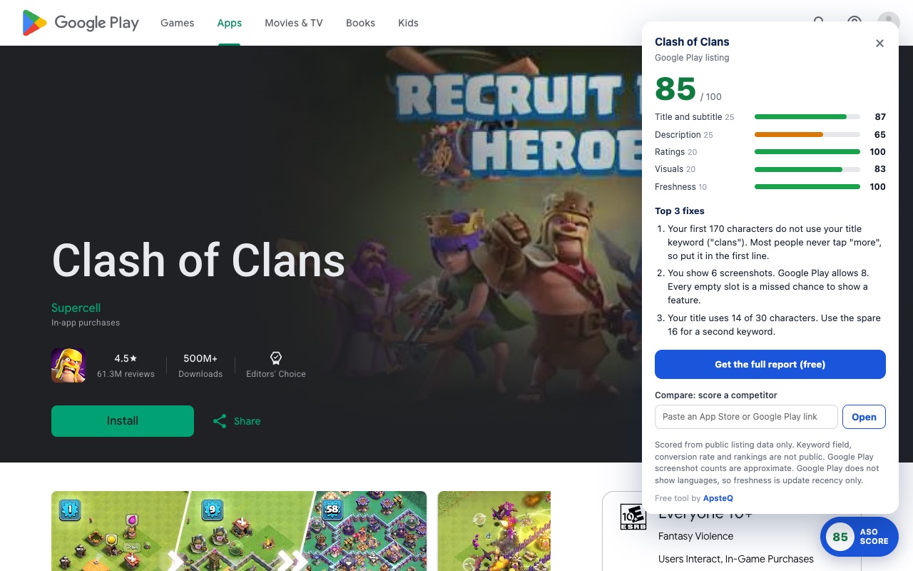 ASO Score panel open on the Clash of Clans Google Play listing: 85 out of 100